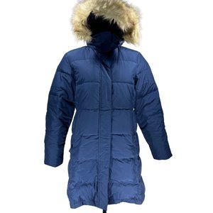 L.L.bean Down Faux Fur Trim Puff Trench Jacket Size SP Blue